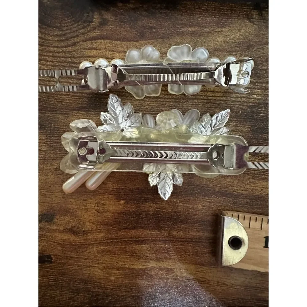 Vintage Silver Tone and Faux Pearl Hair Clip Barrettes Lot Retro Wedding Floral